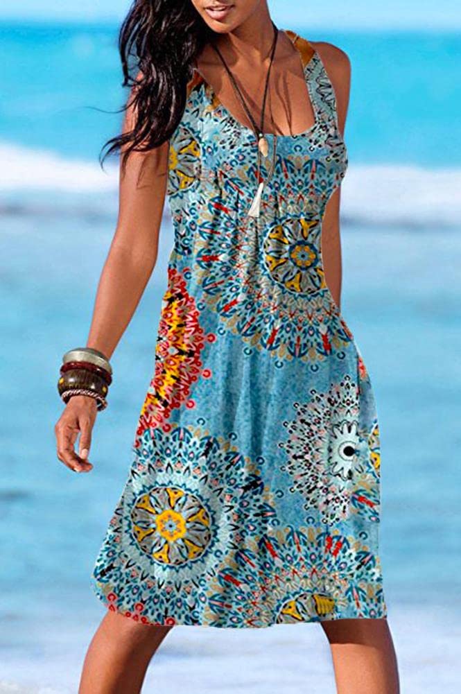 Camisunny Vacation Spring Summer Dresses for Women Flower Printed Swing Flowy Flattering Flared Size XL - Image 2